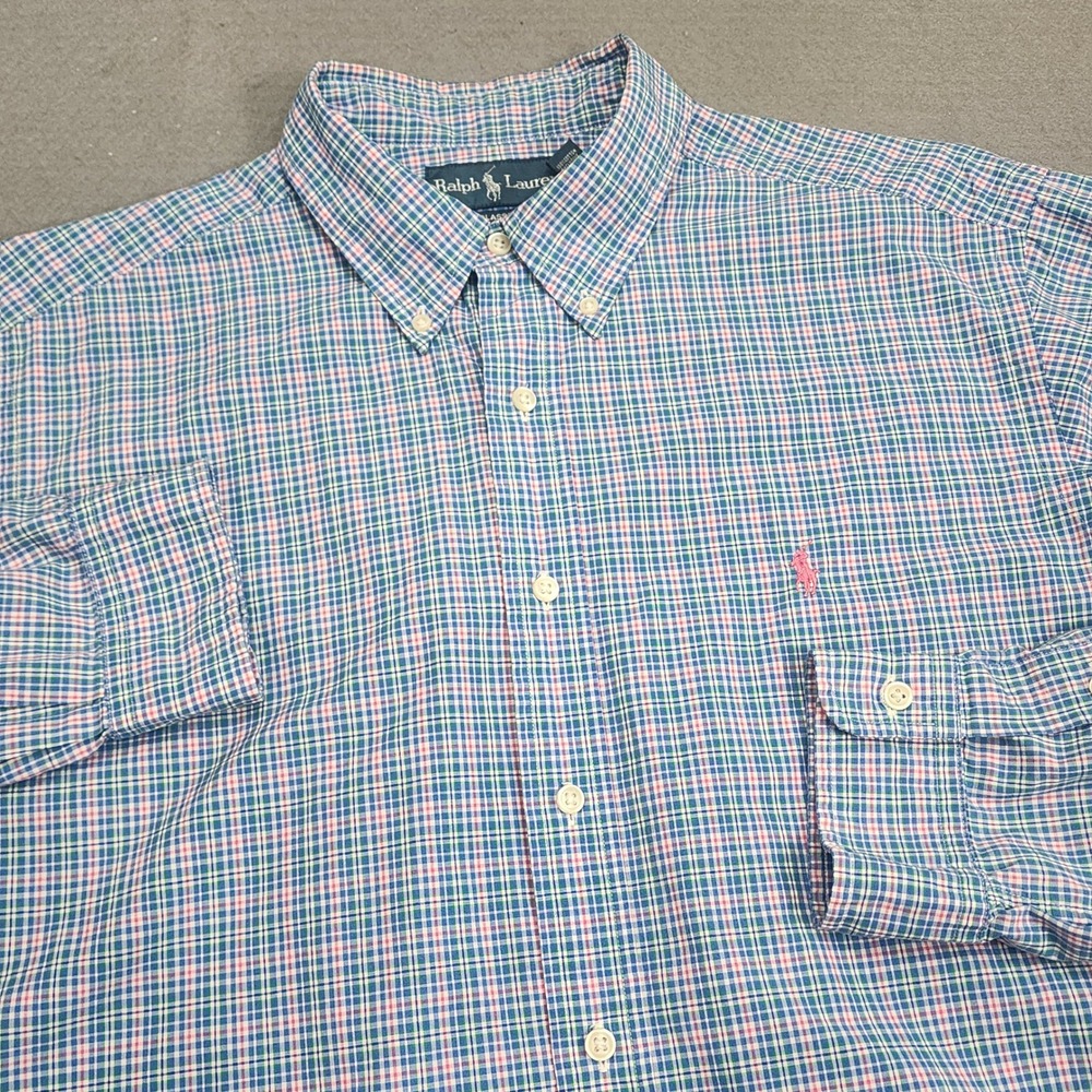 Ralph Lauren Button Down Shirt‎ Blue Pink Plaid Classic Fit Mens XL